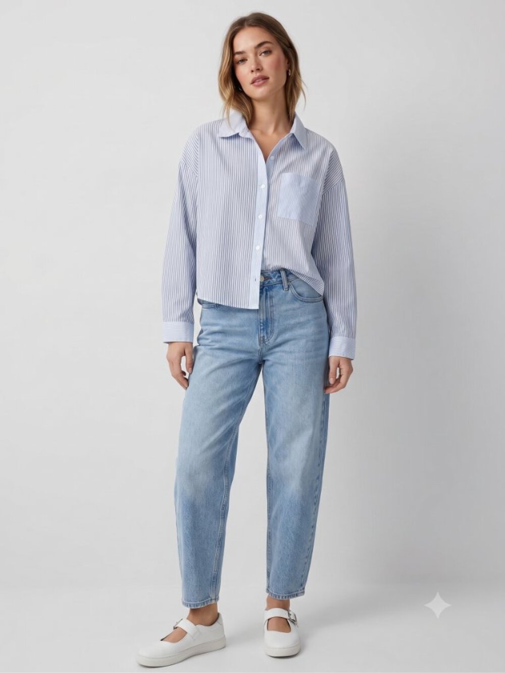 olive & oak Striped Button-Up Shirt in Light Blue & White, Size Large